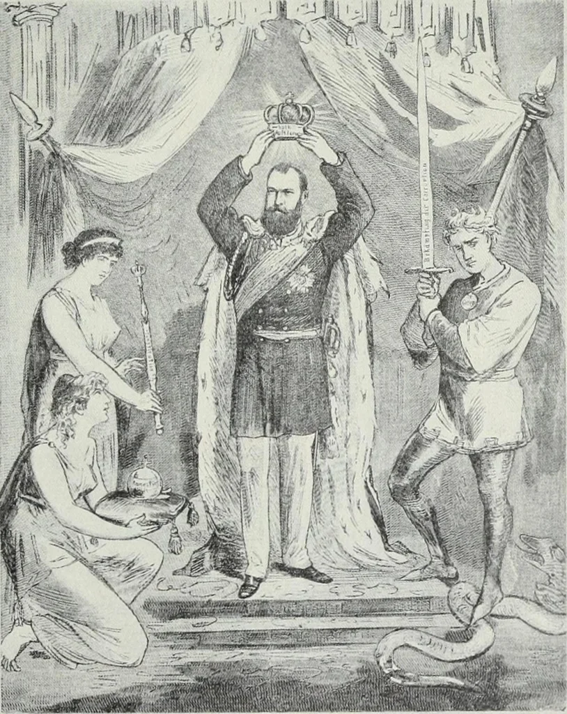 An illustration from Europas Fürsten im Sittenspiegel der Karikatur, mit 468 Textillustrationen und 72 farbigen Kunstblättern nach seltenen und amüsanten Karikaturen, aus allen Ländern und Zeitepochen, 1908, leaf 303
