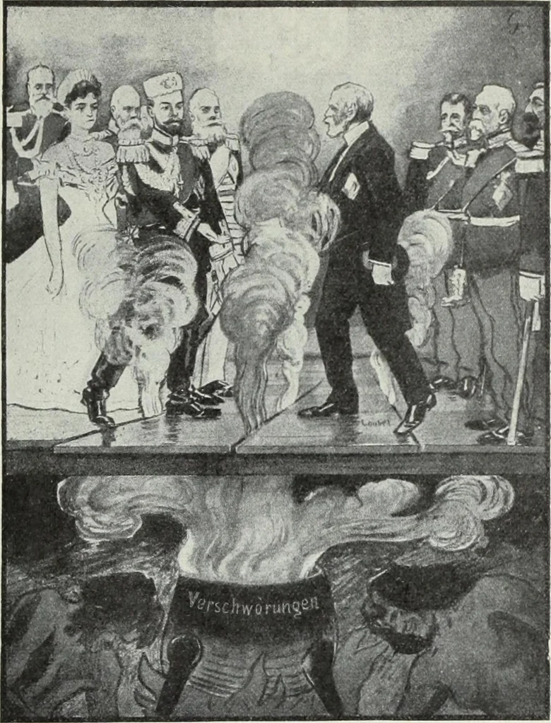 An illustration from Europas Fürsten im Sittenspiegel der Karikatur, mit 468 Textillustrationen und 72 farbigen Kunstblättern nach seltenen und amüsanten Karikaturen, aus allen Ländern und Zeitepochen, 1908, leaf 349