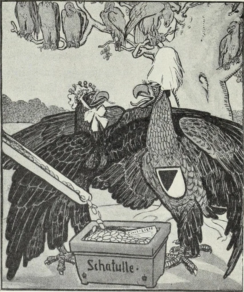 An illustration from Europas Fürsten im Sittenspiegel der Karikatur, mit 468 Textillustrationen und 72 farbigen Kunstblättern nach seltenen und amüsanten Karikaturen, aus allen Ländern und Zeitepochen, 1908, leaf 482