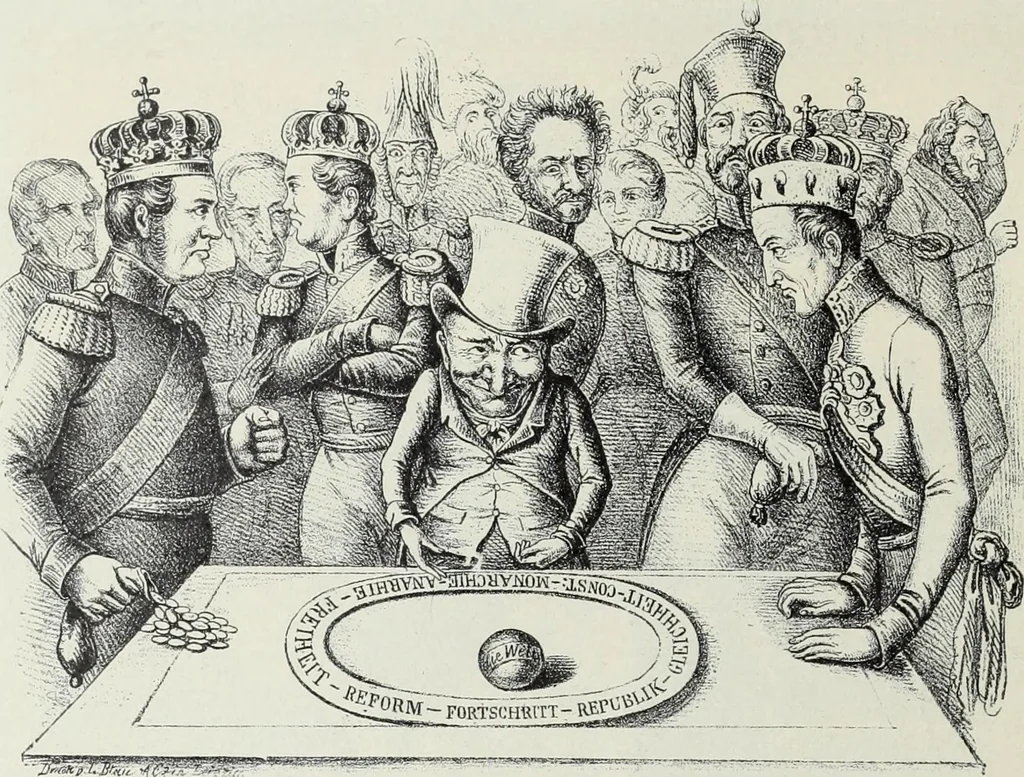 An illustration from Europas Fürsten im Sittenspiegel der Karikatur, mit 468 Textillustrationen und 72 farbigen Kunstblättern nach seltenen und amüsanten Karikaturen, aus allen Ländern und Zeitepochen, 1908, leaf 50