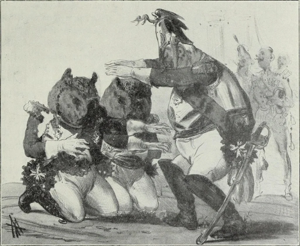 An illustration from Europas Fürsten im Sittenspiegel der Karikatur, mit 468 Textillustrationen und 72 farbigen Kunstblättern nach seltenen und amüsanten Karikaturen, aus allen Ländern und Zeitepochen, 1908, leaf 505
