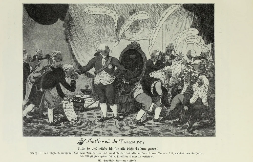 An illustration from Europas Fürsten im Sittenspiegel der Karikatur, mit 468 Textillustrationen und 72 farbigen Kunstblättern nach seltenen und amüsanten Karikaturen, aus allen Ländern und Zeitepochen, 1908, leaf 577