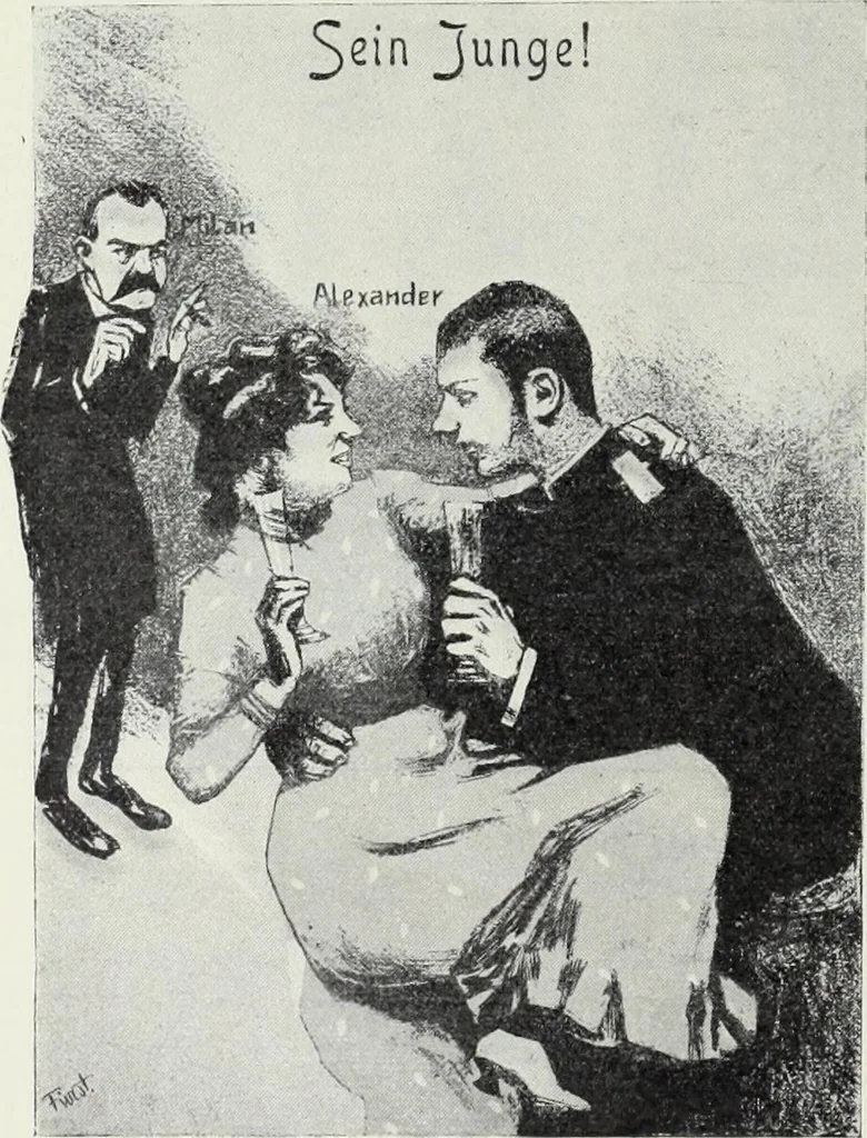 An illustration from Europas Fürsten im Sittenspiegel der Karikatur, mit 468 Textillustrationen und 72 farbigen Kunstblättern nach seltenen und amüsanten Karikaturen, aus allen Ländern und Zeitepochen, 1908, leaf 62