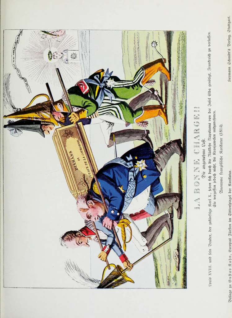 An illustration from Europas Fürsten im Sittenspiegel der Karikatur, mit 468 Textillustrationen und 72 farbigen Kunstblättern nach seltenen und amüsanten Karikaturen, aus allen Ländern und Zeitepochen, 1908, leaf 65