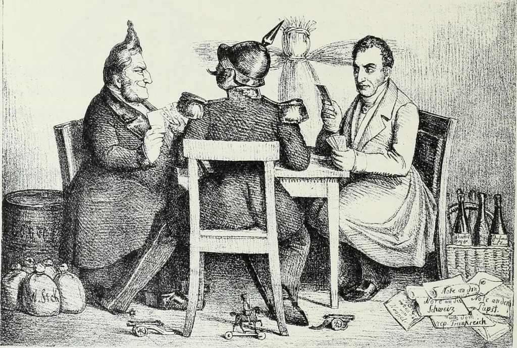 An illustration from Europas Fürsten im Sittenspiegel der Karikatur, mit 468 Textillustrationen und 72 farbigen Kunstblättern nach seltenen und amüsanten Karikaturen, aus allen Ländern und Zeitepochen, 1908, leaf 82
