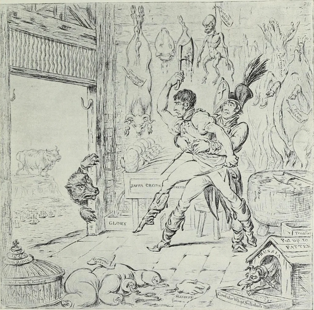 An illustration from Europas Fürsten im Sittenspiegel der Karikatur, mit 468 Textillustrationen und 72 farbigen Kunstblättern nach seltenen und amüsanten Karikaturen, aus allen Ländern und Zeitepochen, 1908, leaf 89
