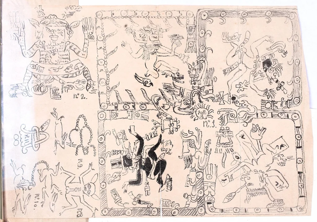 An illustration from Examen comparativo entre los signos simbolicos de las teogonías y cosmogonías antiguas y los que existen en los manuscritos mexicanos publicados por Kingsborough y los altos relieves de una pared de Chichen-Itza, 1872, leaf 33