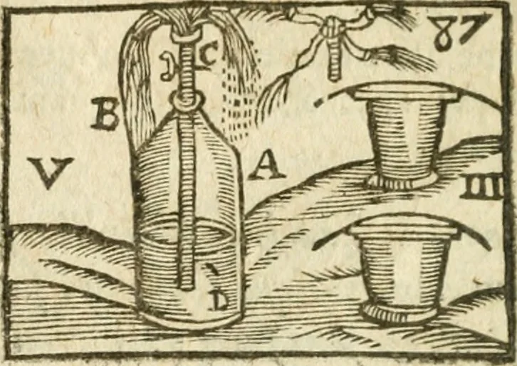 An illustration from Examen dv livre des Recreations mathematiqves, & de ses problemes en geometrie mechanique, optique & catoptrique [du J. Leurechon] Où sont aussi discutées & restabiles plusieurs experiences physiques y proposées, 1639, leaf 295