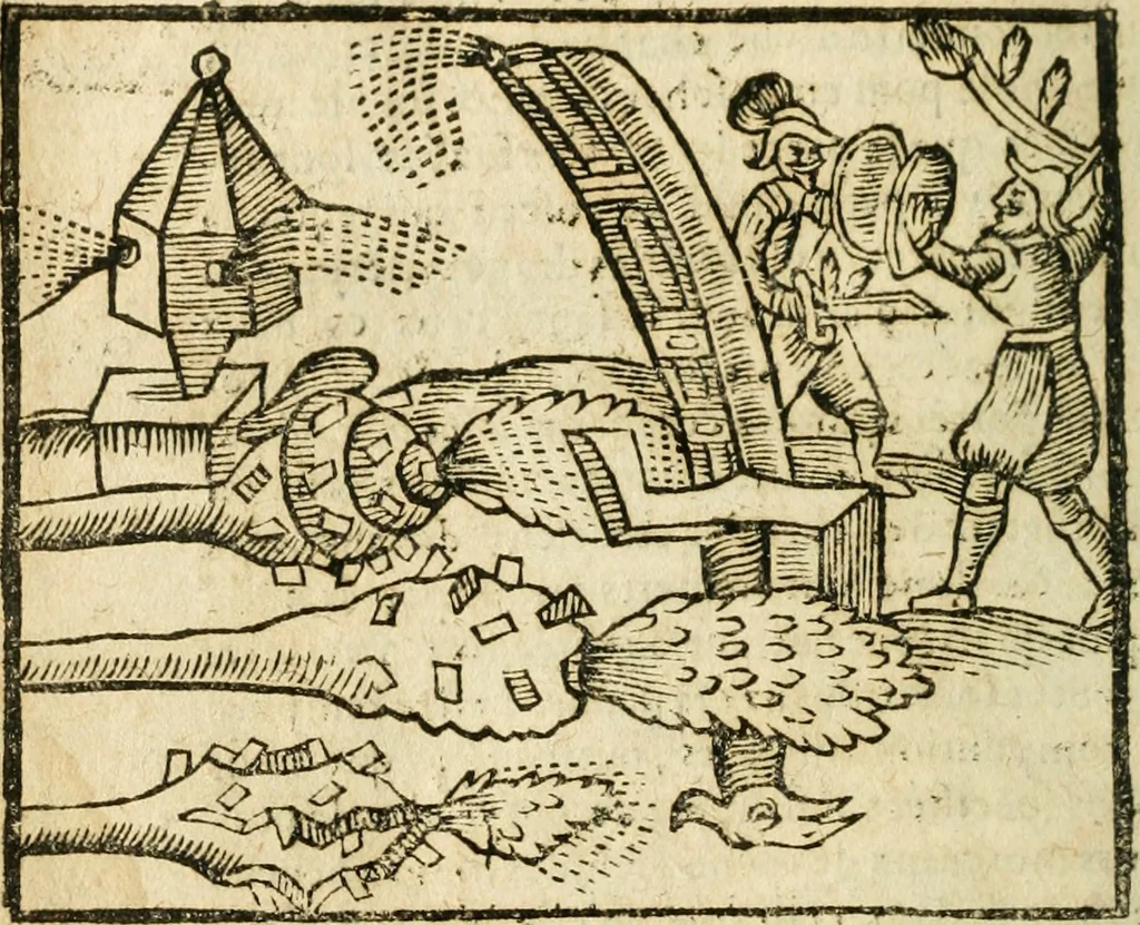 An illustration from Examen dv livre des Recreations mathematiqves, & de ses problemes en geometrie mechanique, optique & catoptrique [du J. Leurechon] Où sont aussi discutées & restabiles plusieurs experiences physiques y proposées, 1639, leaf 421