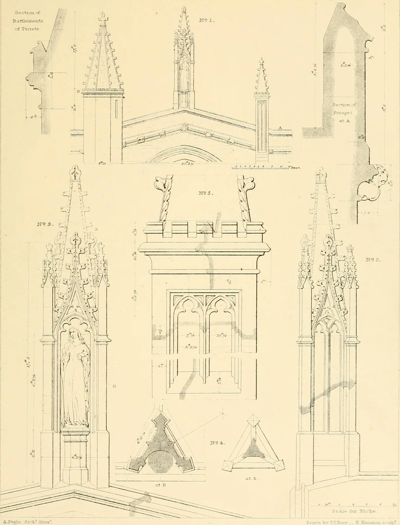 An illustration from Examples of Gothic architecture : selected from various ancient edifices in England ; consisting of plans, elevations, sections, and parts at large ; calculated to exemplify the various styles and the practical construction of this admired class of architecture ; accompanied by historical and descriptive accounts, 1895, leaf 103
