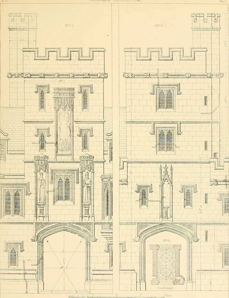 An illustration from Examples of Gothic architecture : selected from various ancient edifices in England ; consisting of plans, elevations, sections, and parts at large ; calculated to exemplify the various styles and the practical construction of this admired class of architecture ; accompanied by historical and descriptive accounts, 1895, leaf 105
