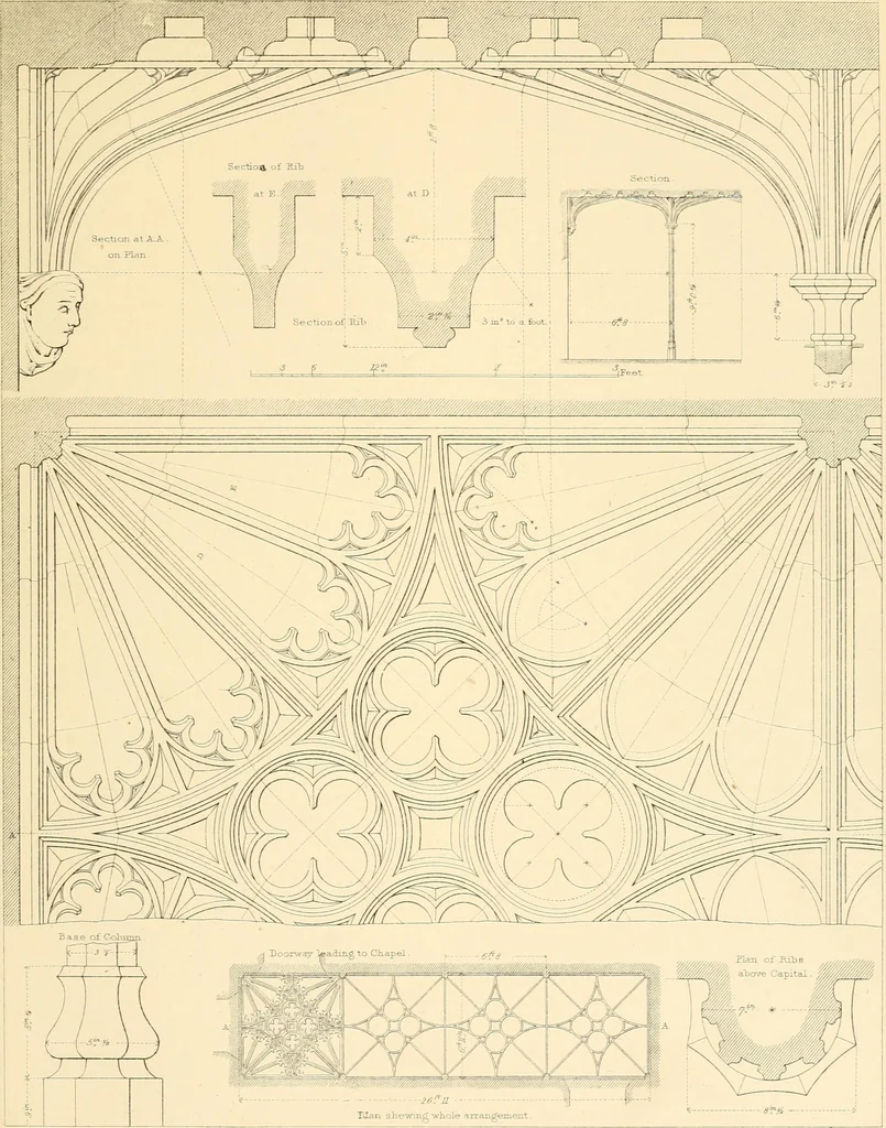 An illustration from Examples of Gothic architecture : selected from various ancient edifices in England ; consisting of plans, elevations, sections, and parts at large ; calculated to exemplify the various styles and the practical construction of this admired class of architecture ; accompanied by historical and descriptive accounts, 1895, leaf 107
