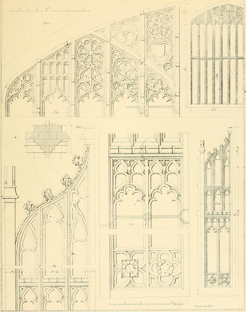 An illustration from Examples of Gothic architecture : selected from various ancient edifices in England ; consisting of plans, elevations, sections, and parts at large ; calculated to exemplify the various styles and the practical construction of this admired class of architecture ; accompanied by historical and descriptive accounts, 1895, leaf 117