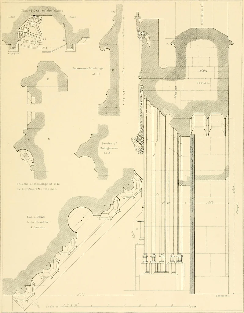 An illustration from Examples of Gothic architecture : selected from various ancient edifices in England ; consisting of plans, elevations, sections, and parts at large ; calculated to exemplify the various styles and the practical construction of this admired class of architecture ; accompanied by historical and descriptive accounts, 1895, leaf 121