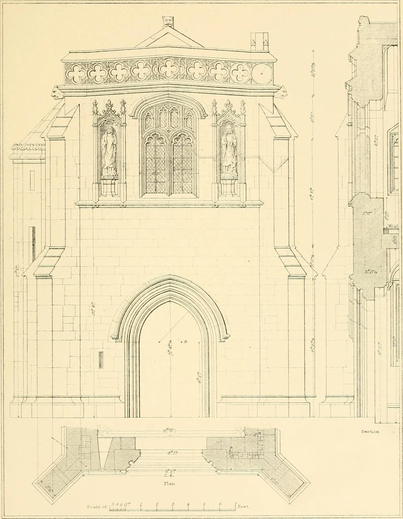 An illustration from Examples of Gothic architecture : selected from various ancient edifices in England ; consisting of plans, elevations, sections, and parts at large ; calculated to exemplify the various styles and the practical construction of this admired class of architecture ; accompanied by historical and descriptive accounts, 1895, leaf 141