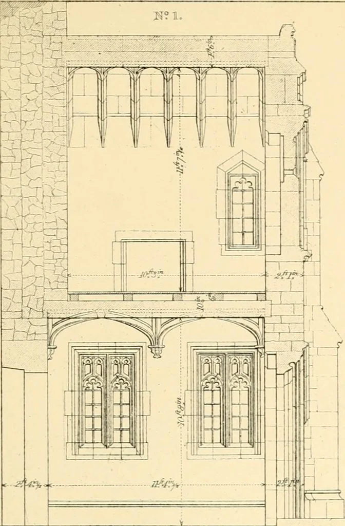 An illustration from Examples of Gothic architecture : selected from various ancient edifices in England ; consisting of plans, elevations, sections, and parts at large ; calculated to exemplify the various styles and the practical construction of this admired class of architecture ; accompanied by historical and descriptive accounts, 1895, leaf 143