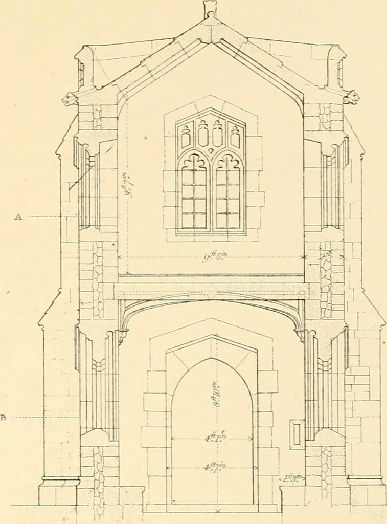 An illustration from Examples of Gothic architecture : selected from various ancient edifices in England ; consisting of plans, elevations, sections, and parts at large ; calculated to exemplify the various styles and the practical construction of this admired class of architecture ; accompanied by historical and descriptive accounts, 1895, leaf 143