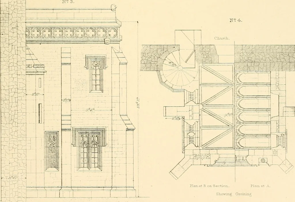 An illustration from Examples of Gothic architecture : selected from various ancient edifices in England ; consisting of plans, elevations, sections, and parts at large ; calculated to exemplify the various styles and the practical construction of this admired class of architecture ; accompanied by historical and descriptive accounts, 1895, leaf 143