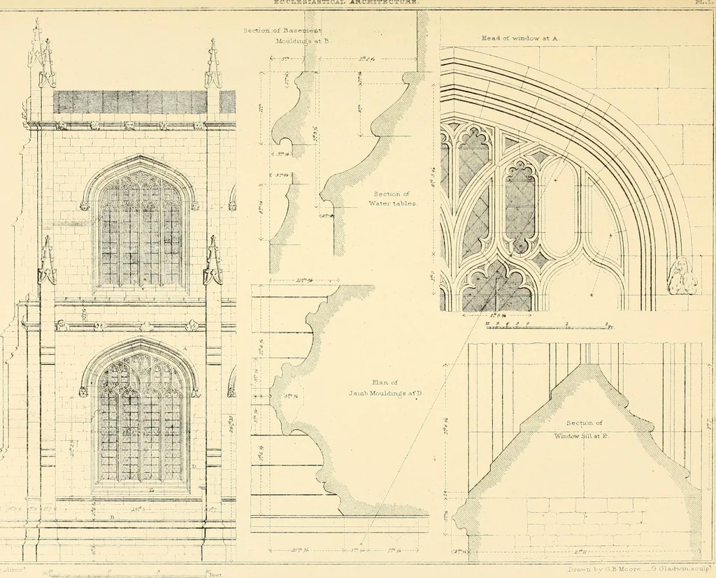 An illustration from Examples of Gothic architecture : selected from various ancient edifices in England ; consisting of plans, elevations, sections, and parts at large ; calculated to exemplify the various styles and the practical construction of this admired class of architecture ; accompanied by historical and descriptive accounts, 1895, leaf 145