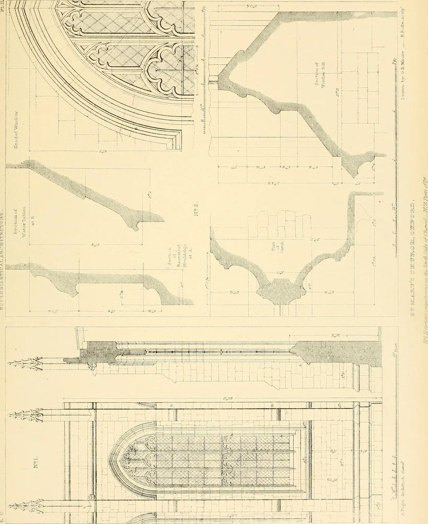 An illustration from Examples of Gothic architecture : selected from various ancient edifices in England ; consisting of plans, elevations, sections, and parts at large ; calculated to exemplify the various styles and the practical construction of this admired class of architecture ; accompanied by historical and descriptive accounts, 1895, leaf 147