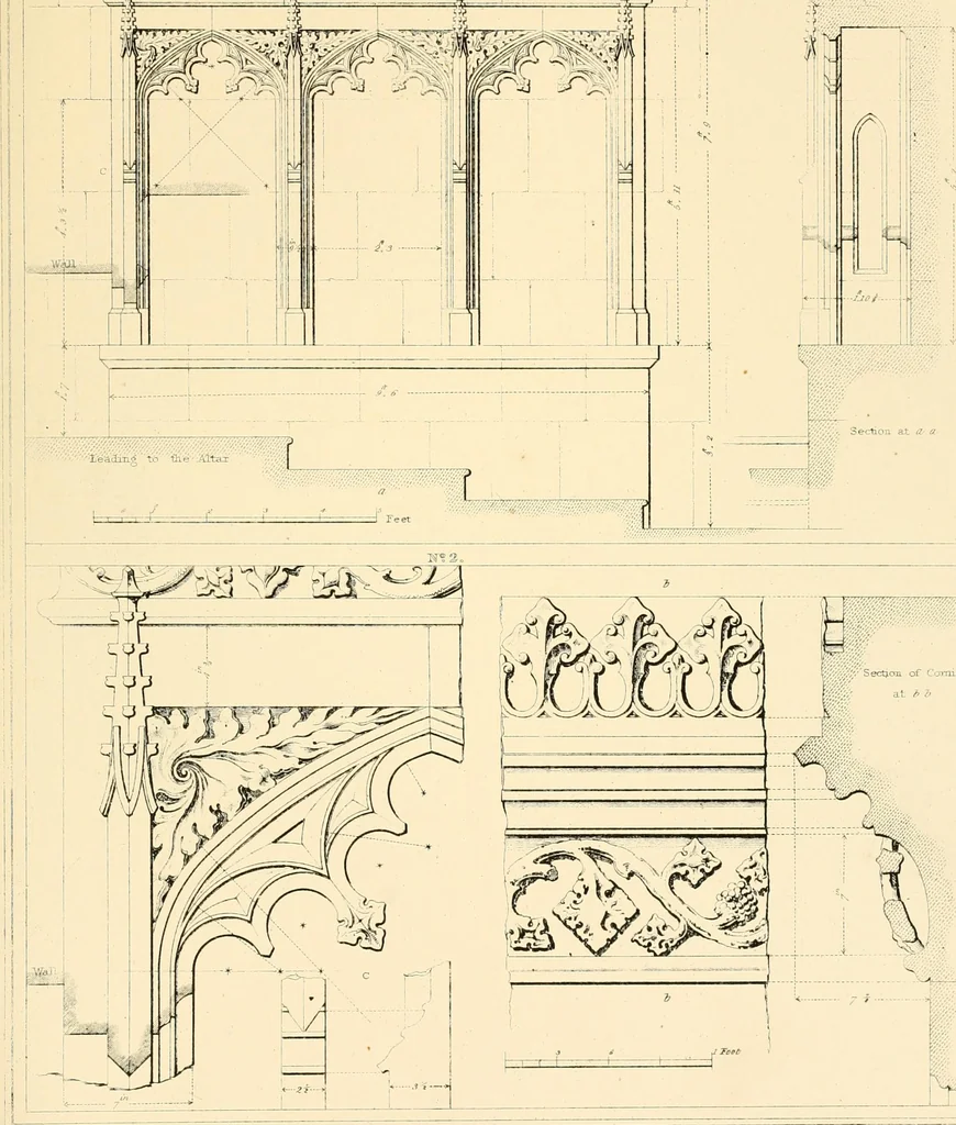 An illustration from Examples of Gothic architecture : selected from various ancient edifices in England ; consisting of plans, elevations, sections, and parts at large ; calculated to exemplify the various styles and the practical construction of this admired class of architecture ; accompanied by historical and descriptive accounts, 1895, leaf 149
