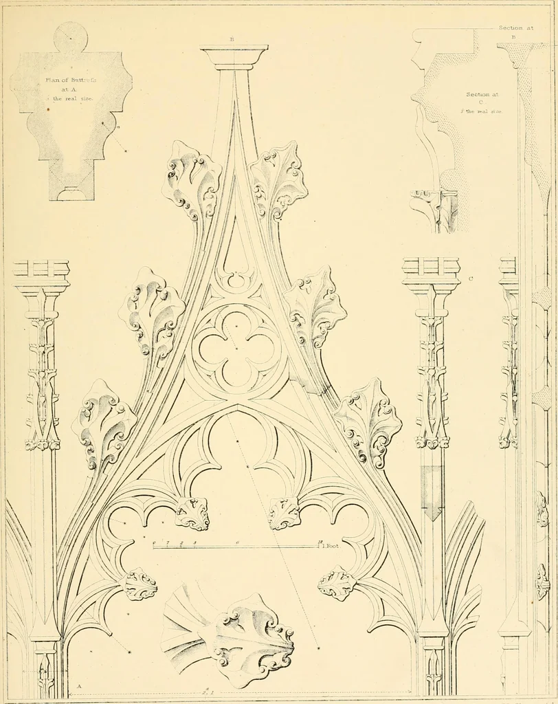 An illustration from Examples of Gothic architecture : selected from various ancient edifices in England ; consisting of plans, elevations, sections, and parts at large ; calculated to exemplify the various styles and the practical construction of this admired class of architecture ; accompanied by historical and descriptive accounts, 1895, leaf 151