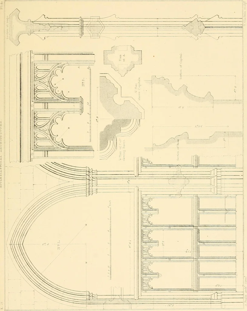 An illustration from Examples of Gothic architecture : selected from various ancient edifices in England ; consisting of plans, elevations, sections, and parts at large ; calculated to exemplify the various styles and the practical construction of this admired class of architecture ; accompanied by historical and descriptive accounts, 1895, leaf 155