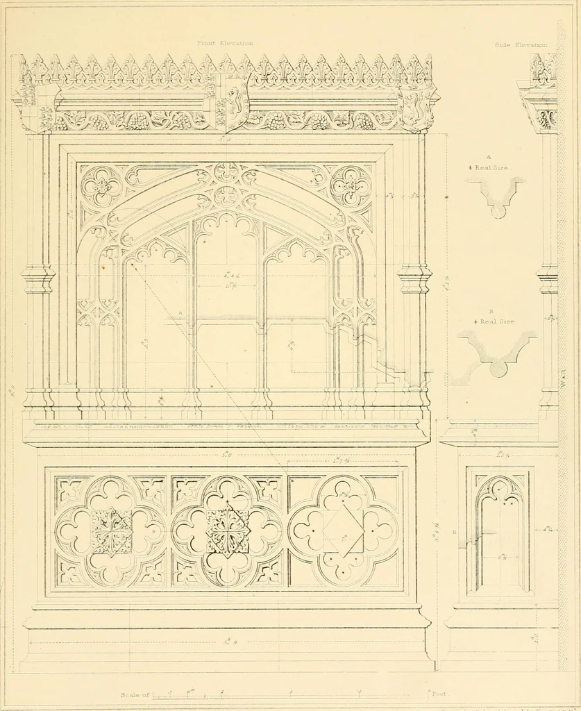 An illustration from Examples of Gothic architecture : selected from various ancient edifices in England ; consisting of plans, elevations, sections, and parts at large ; calculated to exemplify the various styles and the practical construction of this admired class of architecture ; accompanied by historical and descriptive accounts, 1895, leaf 157