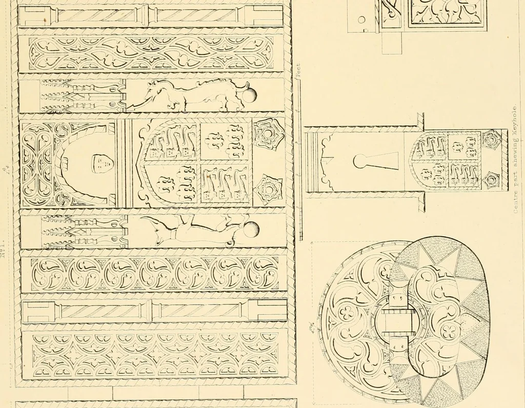 An illustration from Examples of Gothic architecture : selected from various ancient edifices in England ; consisting of plans, elevations, sections, and parts at large ; calculated to exemplify the various styles and the practical construction of this admired class of architecture ; accompanied by historical and descriptive accounts, 1895, leaf 159