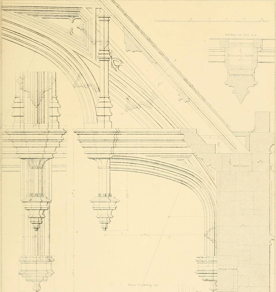 An illustration from Examples of Gothic architecture : selected from various ancient edifices in England ; consisting of plans, elevations, sections, and parts at large ; calculated to exemplify the various styles and the practical construction of this admired class of architecture ; accompanied by historical and descriptive accounts, 1895, leaf 183