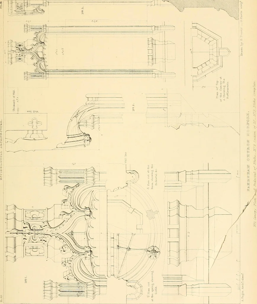 An illustration from Examples of Gothic architecture : selected from various ancient edifices in England ; consisting of plans, elevations, sections, and parts at large ; calculated to exemplify the various styles and the practical construction of this admired class of architecture ; accompanied by historical and descriptive accounts, 1895, leaf 191