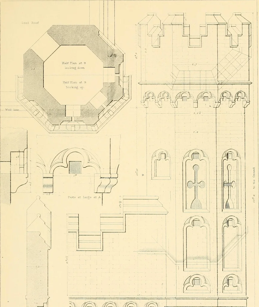 An illustration from Examples of Gothic architecture : selected from various ancient edifices in England ; consisting of plans, elevations, sections, and parts at large ; calculated to exemplify the various styles and the practical construction of this admired class of architecture ; accompanied by historical and descriptive accounts, 1895, leaf 195