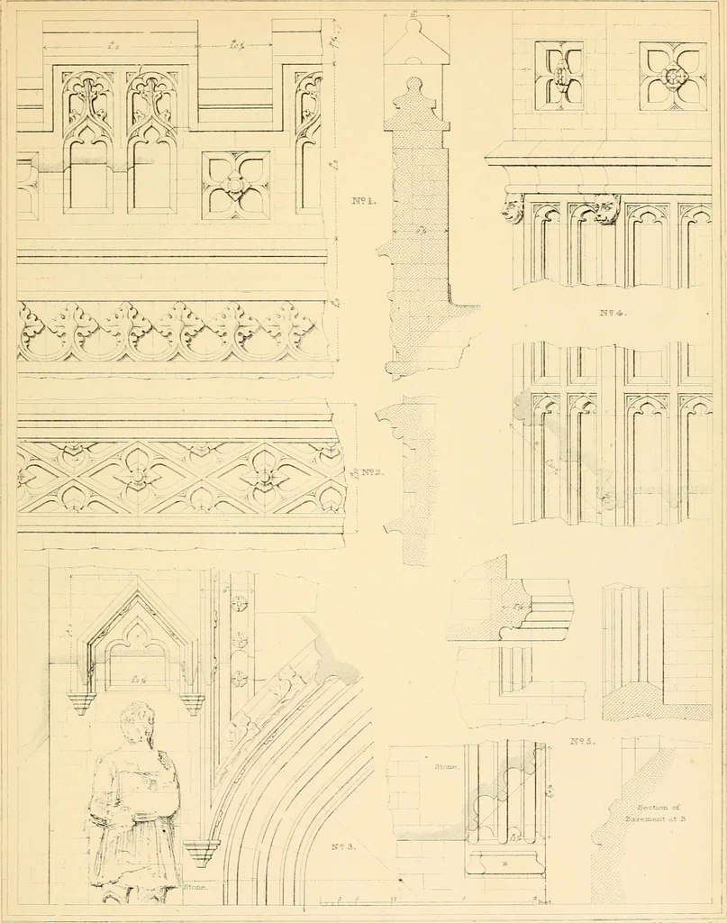 An illustration from Examples of Gothic architecture : selected from various ancient edifices in England ; consisting of plans, elevations, sections, and parts at large ; calculated to exemplify the various styles and the practical construction of this admired class of architecture ; accompanied by historical and descriptive accounts, 1895, leaf 217