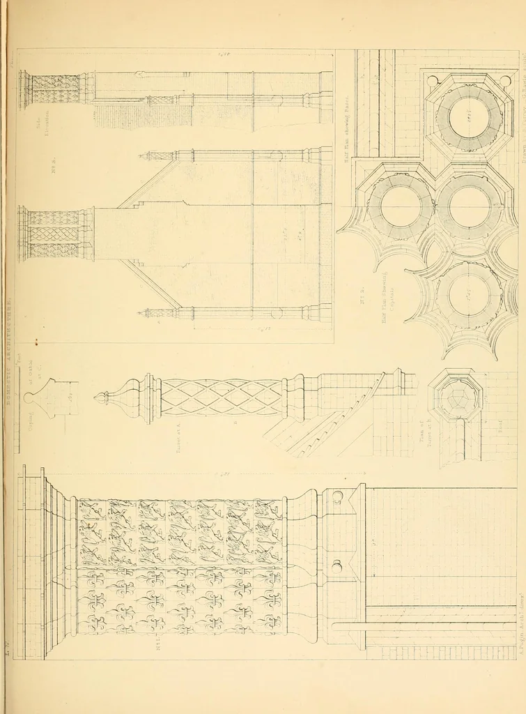 An illustration from Examples of Gothic architecture : selected from various ancient edifices in England ; consisting of plans, elevations, sections, and parts at large ; calculated to exemplify the various styles and the practical construction of this admired class of architecture ; accompanied by historical and descriptive accounts, 1895, leaf 229