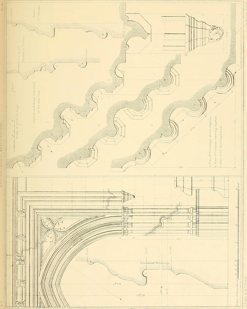 An illustration from Examples of Gothic architecture : selected from various ancient edifices in England ; consisting of plans, elevations, sections, and parts at large ; calculated to exemplify the various styles and the practical construction of this admired class of architecture ; accompanied by historical and descriptive accounts, 1895, leaf 91