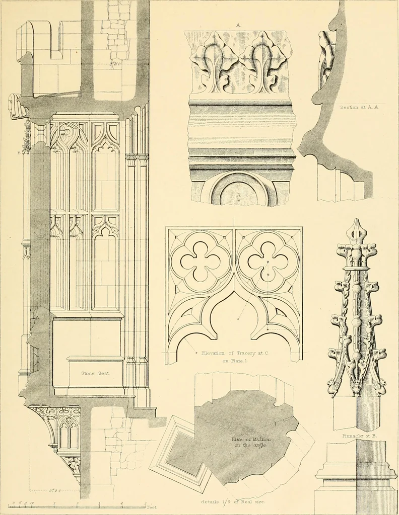 An illustration from Examples of Gothic architecture : selected from various ancient edifices in England ; consisting of plans, elevations, sections, and parts at large ; calculated to exemplify the various styles and the practical construction of this admired class of architecture ; accompanied by historical and descriptive accounts, 1895, leaf 99
