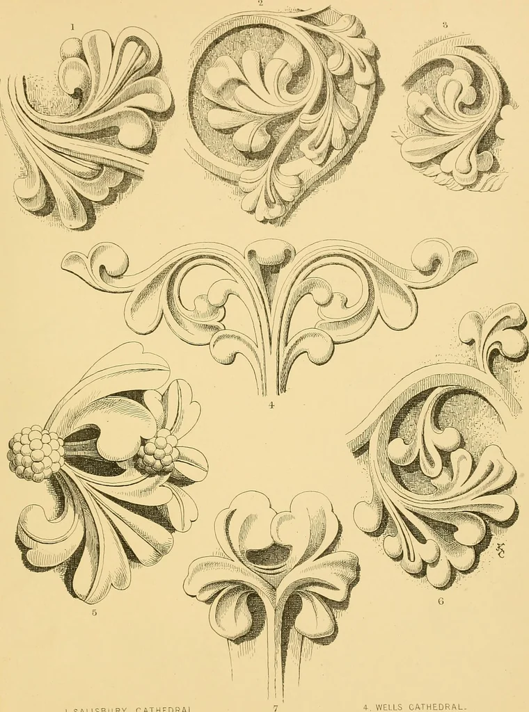 An illustration from Examples of English medieval foliage and coloured decoration, taken from buildings of the twelfth to the fifteenth century: with descriptive letterpress, 1874, leaf 133