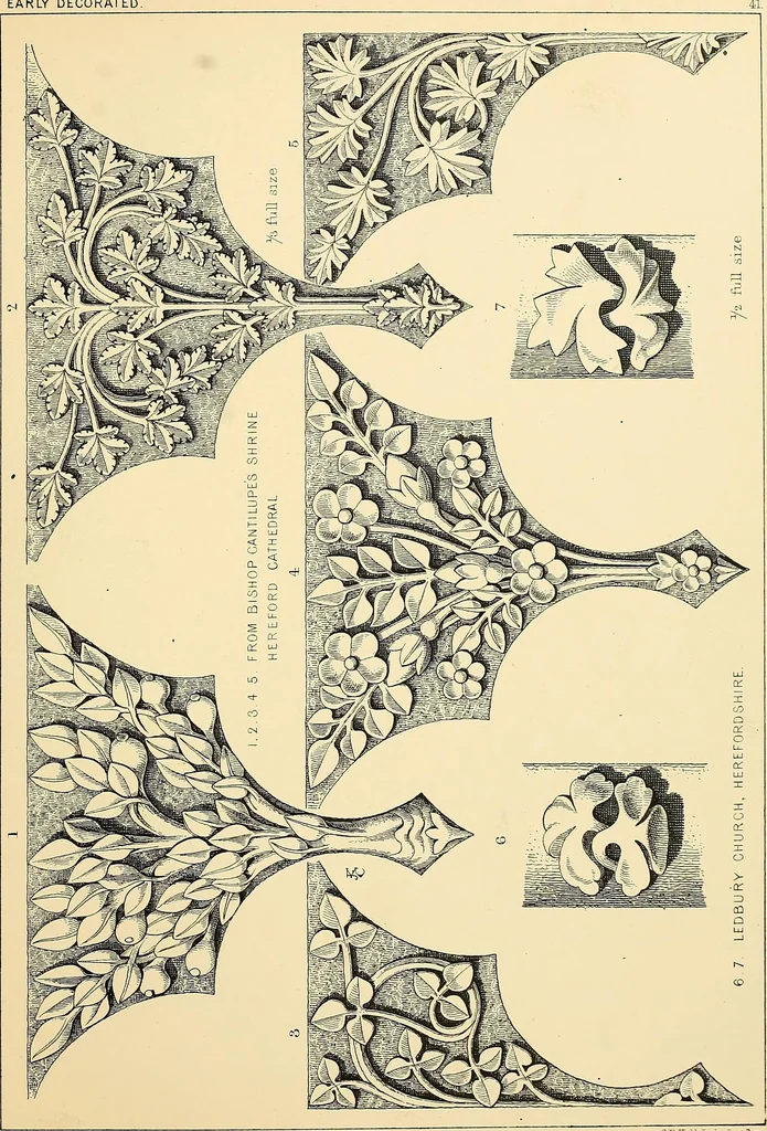 An illustration from Examples of English medieval foliage and coloured decoration, taken from buildings of the twelfth to the fifteenth century: with descriptive letterpress, 1874, leaf 173