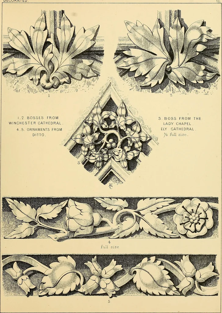 An illustration from Examples of English medieval foliage and coloured decoration, taken from buildings of the twelfth to the fifteenth century: with descriptive letterpress, 1874, leaf 201
