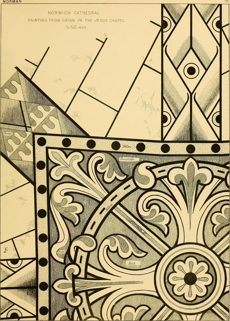 An illustration from Examples of English medieval foliage and coloured decoration, taken from buildings of the twelfth to the fifteenth century: with descriptive letterpress, 1874, leaf 231