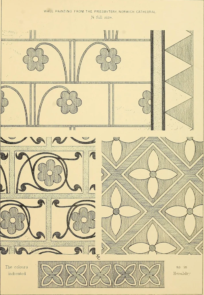 An illustration from Examples of English medieval foliage and coloured decoration, taken from buildings of the twelfth to the fifteenth century: with descriptive letterpress, 1874, leaf 235