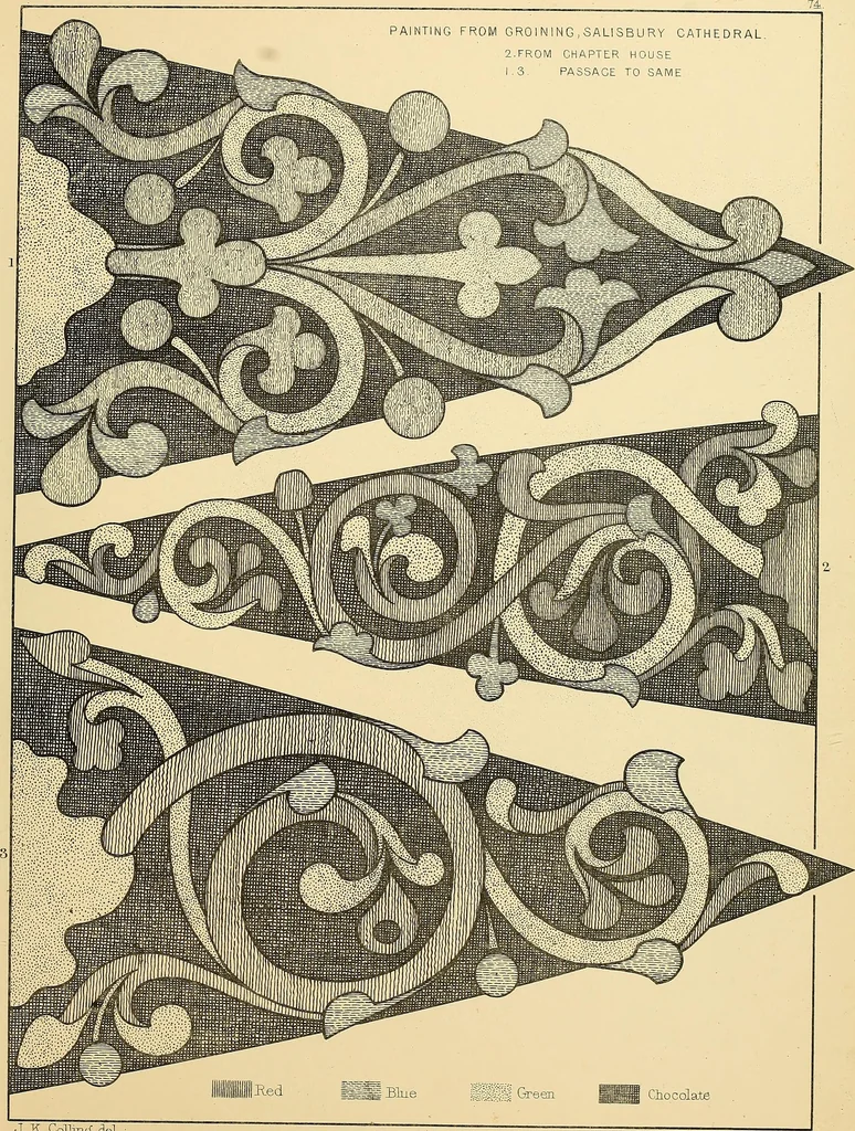 An illustration from Examples of English medieval foliage and coloured decoration, taken from buildings of the twelfth to the fifteenth century: with descriptive letterpress, 1874, leaf 239