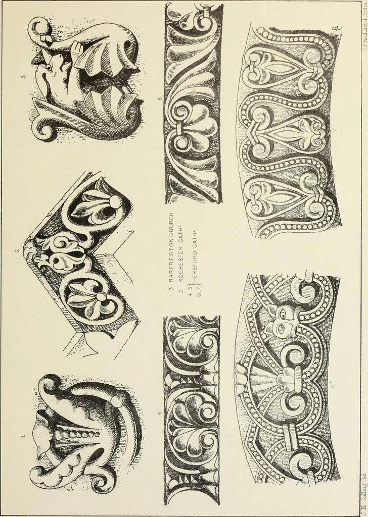 An illustration from Examples of English mediaeval foliage and coloured decoration, taken from buildings of the twelfth to the fifteenth century: with descriptive letterpress, 1874, leaf 105