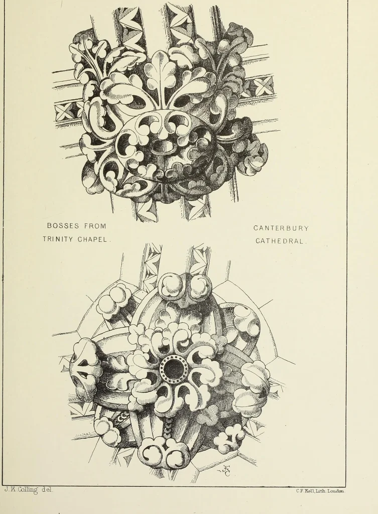An illustration from Examples of English mediaeval foliage and coloured decoration, taken from buildings of the twelfth to the fifteenth century: with descriptive letterpress, 1874, leaf 141