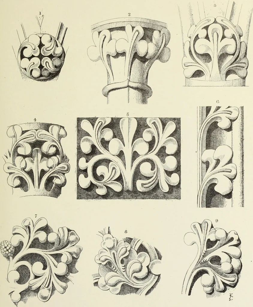 An illustration from Examples of English mediaeval foliage and coloured decoration, taken from buildings of the twelfth to the fifteenth century: with descriptive letterpress, 1874, leaf 149