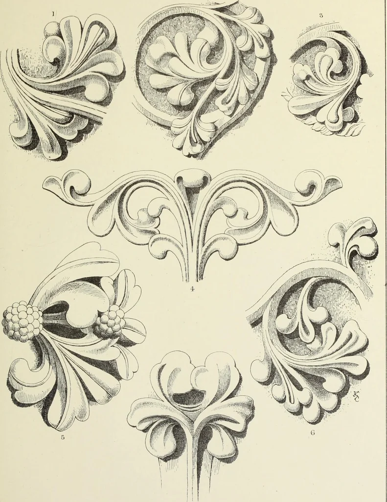An illustration from Examples of English mediaeval foliage and coloured decoration, taken from buildings of the twelfth to the fifteenth century: with descriptive letterpress, 1874, leaf 153