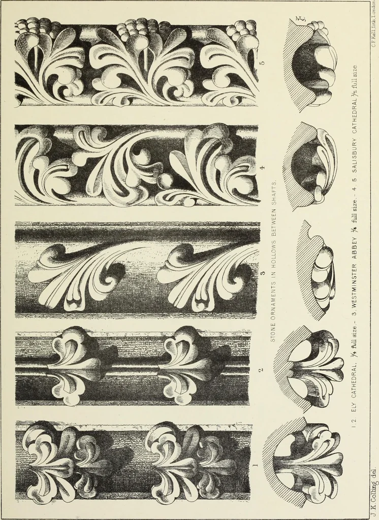 An illustration from Examples of English mediaeval foliage and coloured decoration, taken from buildings of the twelfth to the fifteenth century: with descriptive letterpress, 1874, leaf 157