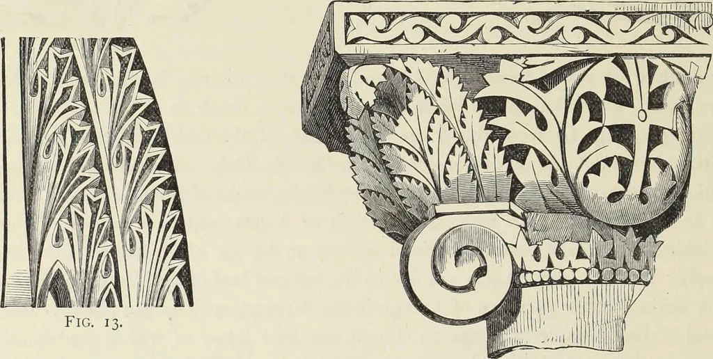An illustration from Examples of English mediaeval foliage and coloured decoration, taken from buildings of the twelfth to the fifteenth century: with descriptive letterpress, 1874, leaf 18