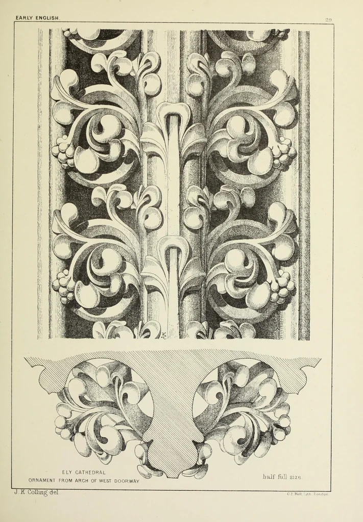 An illustration from Examples of English mediaeval foliage and coloured decoration, taken from buildings of the twelfth to the fifteenth century: with descriptive letterpress, 1874, leaf 185