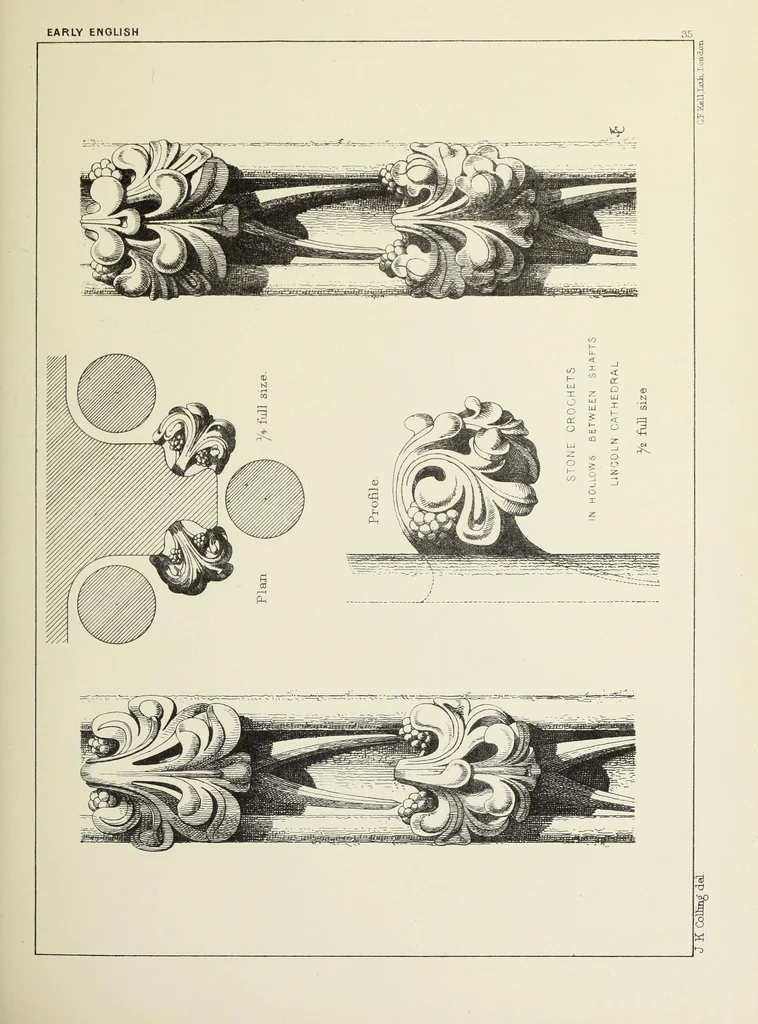 An illustration from Examples of English mediaeval foliage and coloured decoration, taken from buildings of the twelfth to the fifteenth century: with descriptive letterpress, 1874, leaf 209